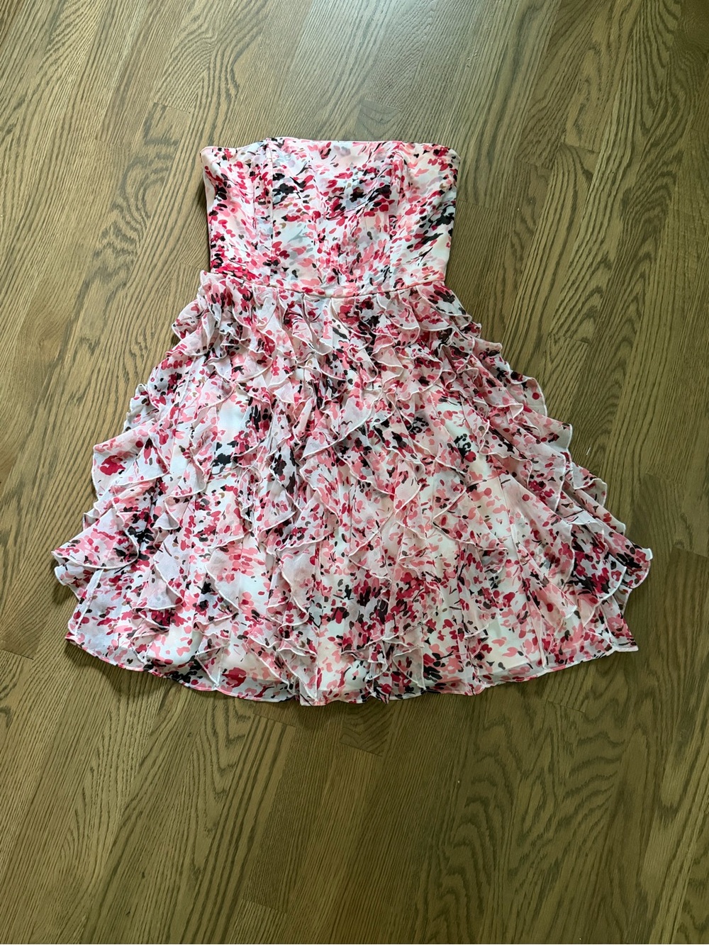 White House Black Market Pink Floral Ruffle Strapless Dress